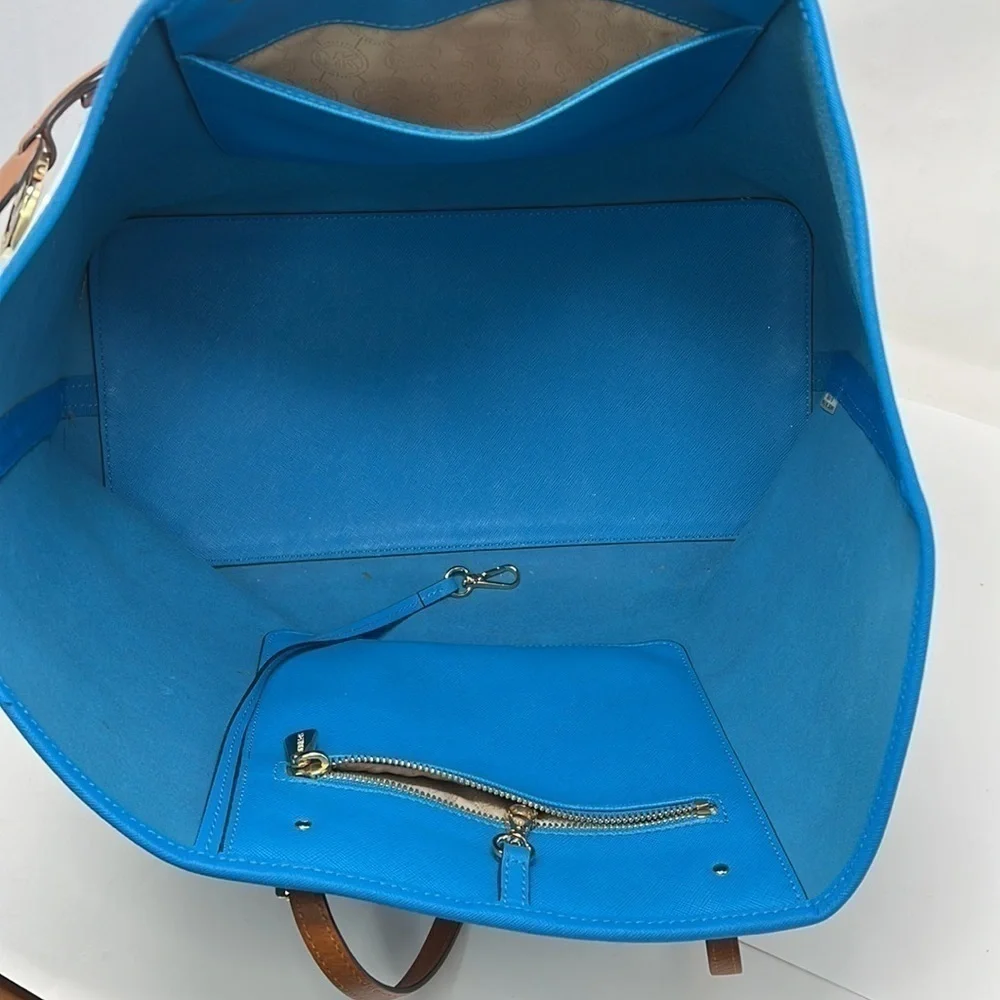 Michael Kors Large Teal White Striped Jet Coated Canvas Leather Tote Bag